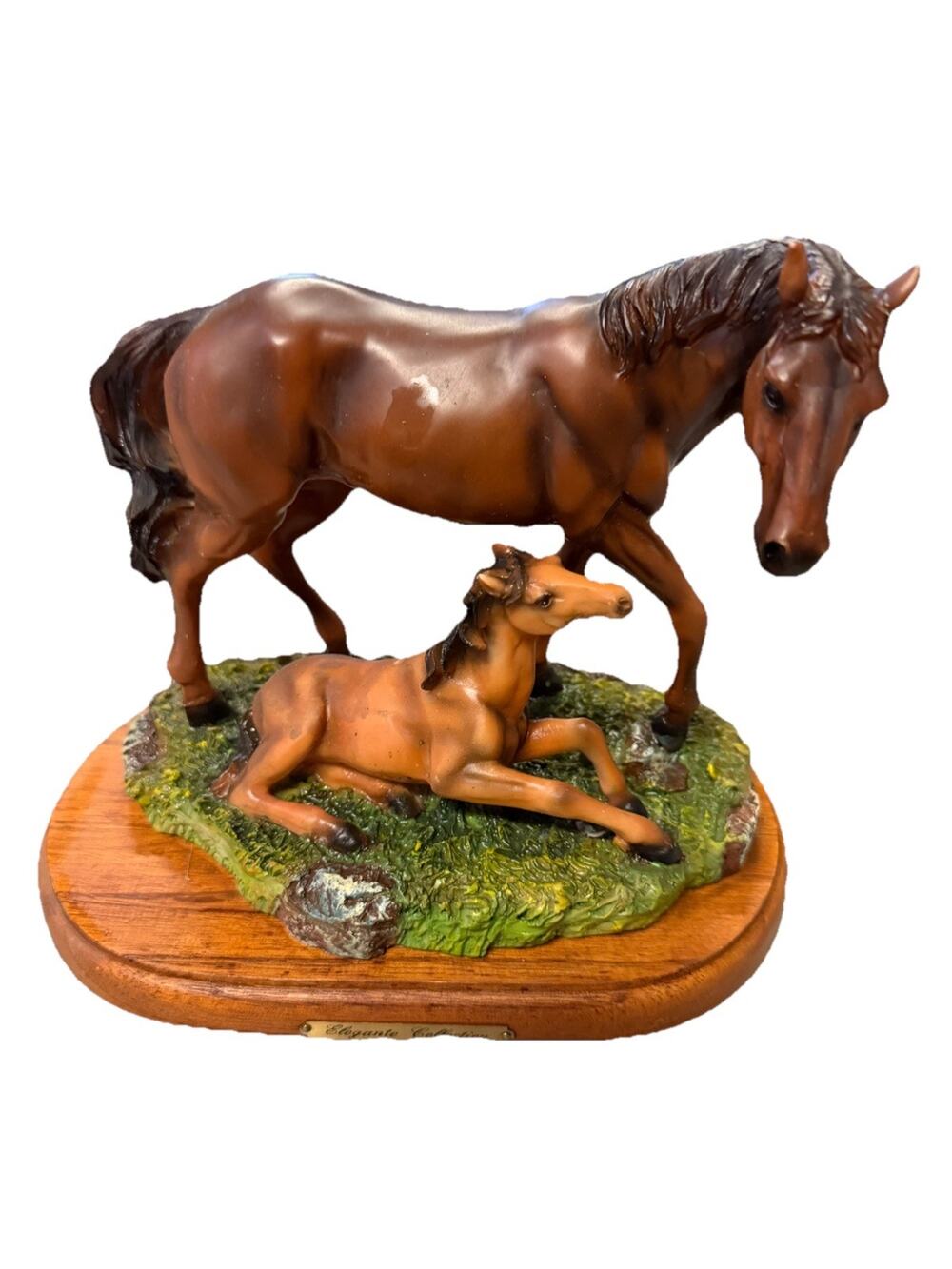 Vintage Elegante Collection Mare & Foal Horse Figurine Resin Statue Wood Base